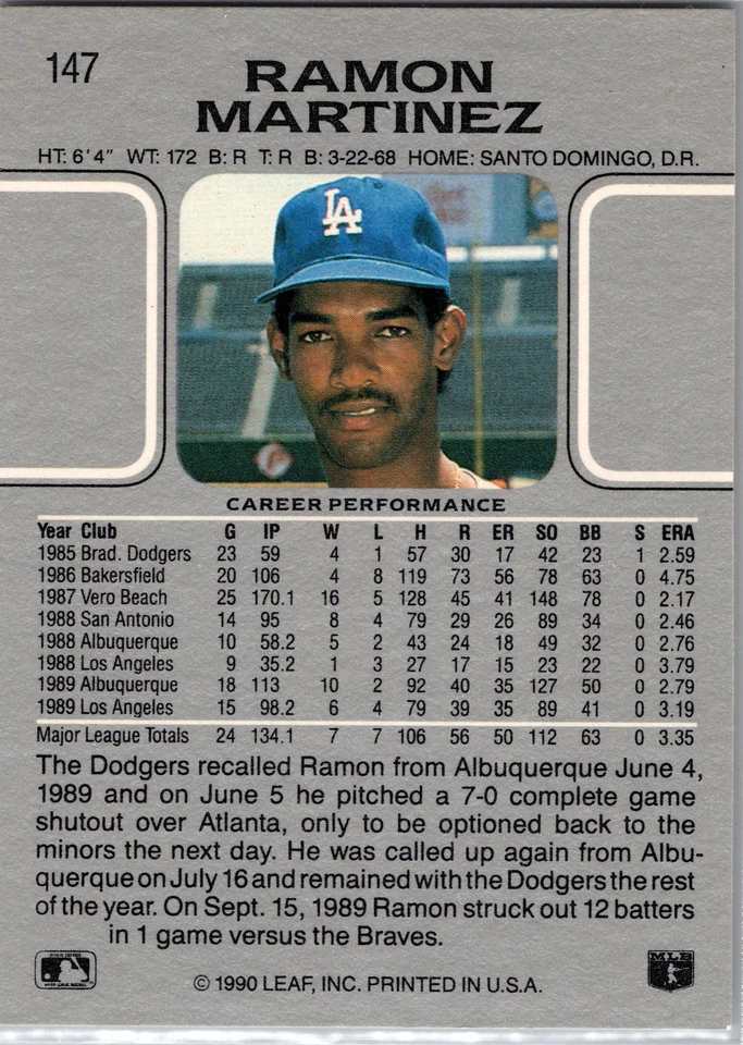 1990 Leaf #147 Ramon Martinez - Image 2 of 2