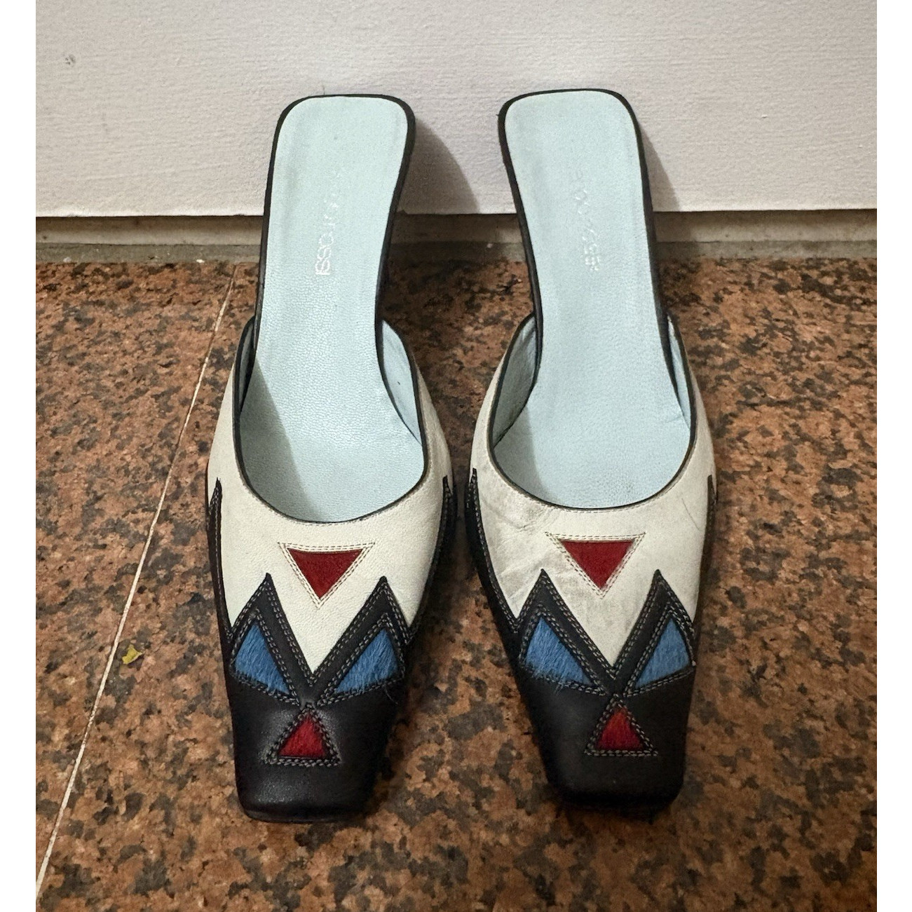 Sergio Rossi Multicolor Leather Mule Heels Block Embroidered Square Toe Sz 6