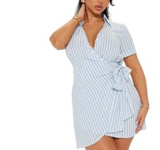 Fashion Nova Womens Cynthia Mini Wrap Dress Blue Stripe Plus 1X New