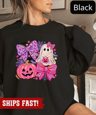 Cozy Pink Halloween Bow Sweatshirt, Cute Ghost Pumpkin Shirt, Spooky Season Coqu