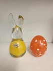 Blenko Glass Paw Paw Bunny Rabbit And Paw Paw Speckled Egg Paperweight Pair!