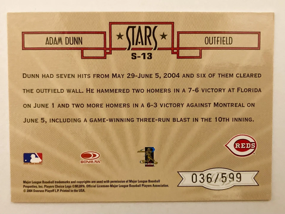 2004 Leaf Certified Cuts Stars #S-13 ADAM DUNN /599 Reds SP - Image 2 of 2
