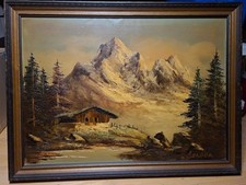 Ölbild antik, wunderschönes Alpenglühen, mit Rahmen, signiert: Behlen