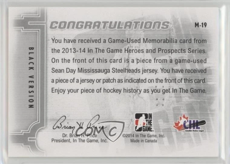 2013-14 ITG Heroes and Prospects Game-Used Black Jersey /160 Sean Day #M-19 - Image 2 of 2