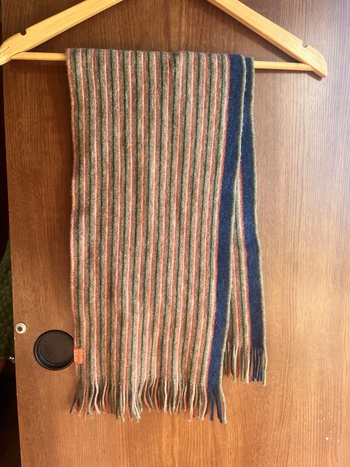 Bufanda de punto acanalado 100 % lana virgen Hugo Boss con rayas vintage azul, verde Foto 2 de 4