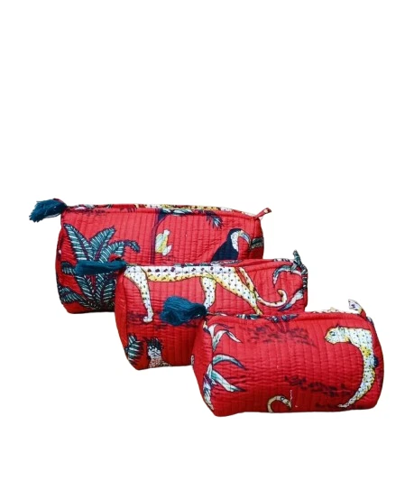 Indian Red Tiger 100% Cotton Quilted Toiletry Purse Cosmetic Storage Bag Of 3 Pc