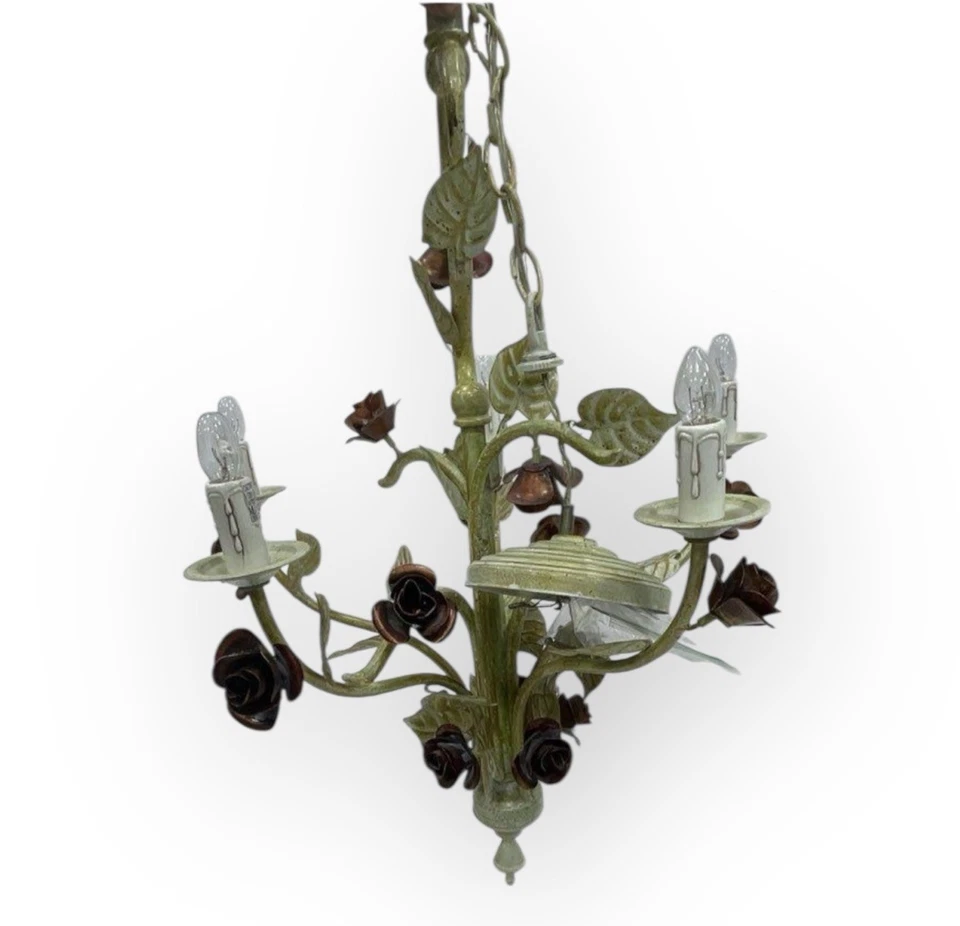 Vtg Italian Tole Chandelier Metal Roses Hanging Light Fixture 5-Lights Reclaimed - Image 3 of 4