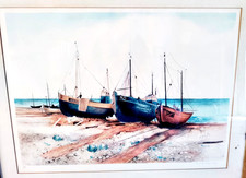 CANCELLIERE-PAPA VINTAGE HILDA "BARCHE DA PESCA SULLA SPIAGGIA" # STAMPA ACQUERELLO EUC