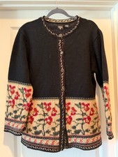 VTG Nordic Design Cardigan Wool Sweater Ladies Large Black Floral Fair Isle Prep