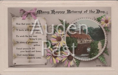 RPPC Viele glückliche Rückkehr Hütte und Blumen Drehfoto Postkarte