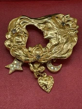 Vintage Kirks Folly Gold Tone Repousse Woman Star Moon Charm Brooch