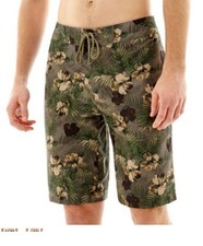 New Men's Arizona Patterned Board Swim Trunks Olive Taupe Floral Camo Size 30