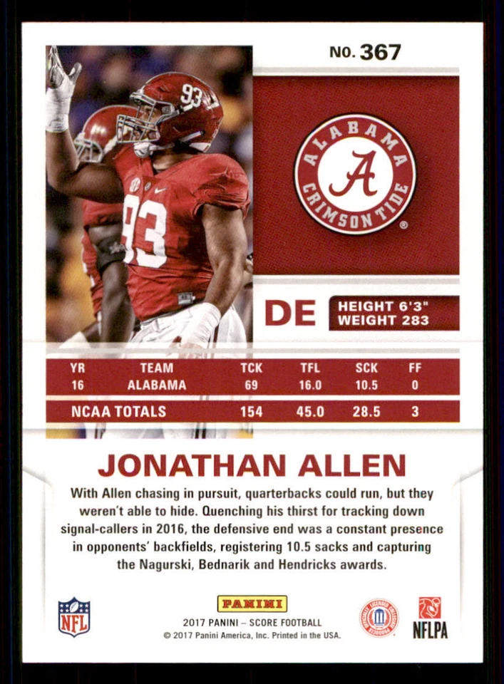 2017 Score #367 Jonathan Allen RC - Image 2 of 2