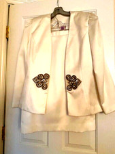 STUNNING 3 PCS Ivory Skirt Suit Blazer Camisole Skirt L Pearls 5 CONDITION