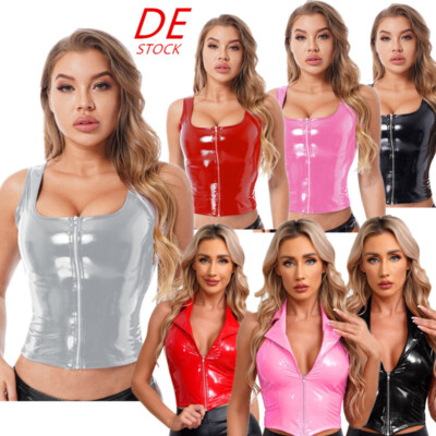 DE Damen Wetlook Weste PVC Leder Shiny Tank Top Ärmellos Slim Fit Bluse Clubwear