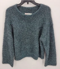 Vince Sweater Womens Small Blue Green Fuzzy Metallic Cropped Artsy Pullover