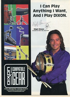 2000 Print Ad of Dixon Snare Drum w Nigel Olsson of Elton John