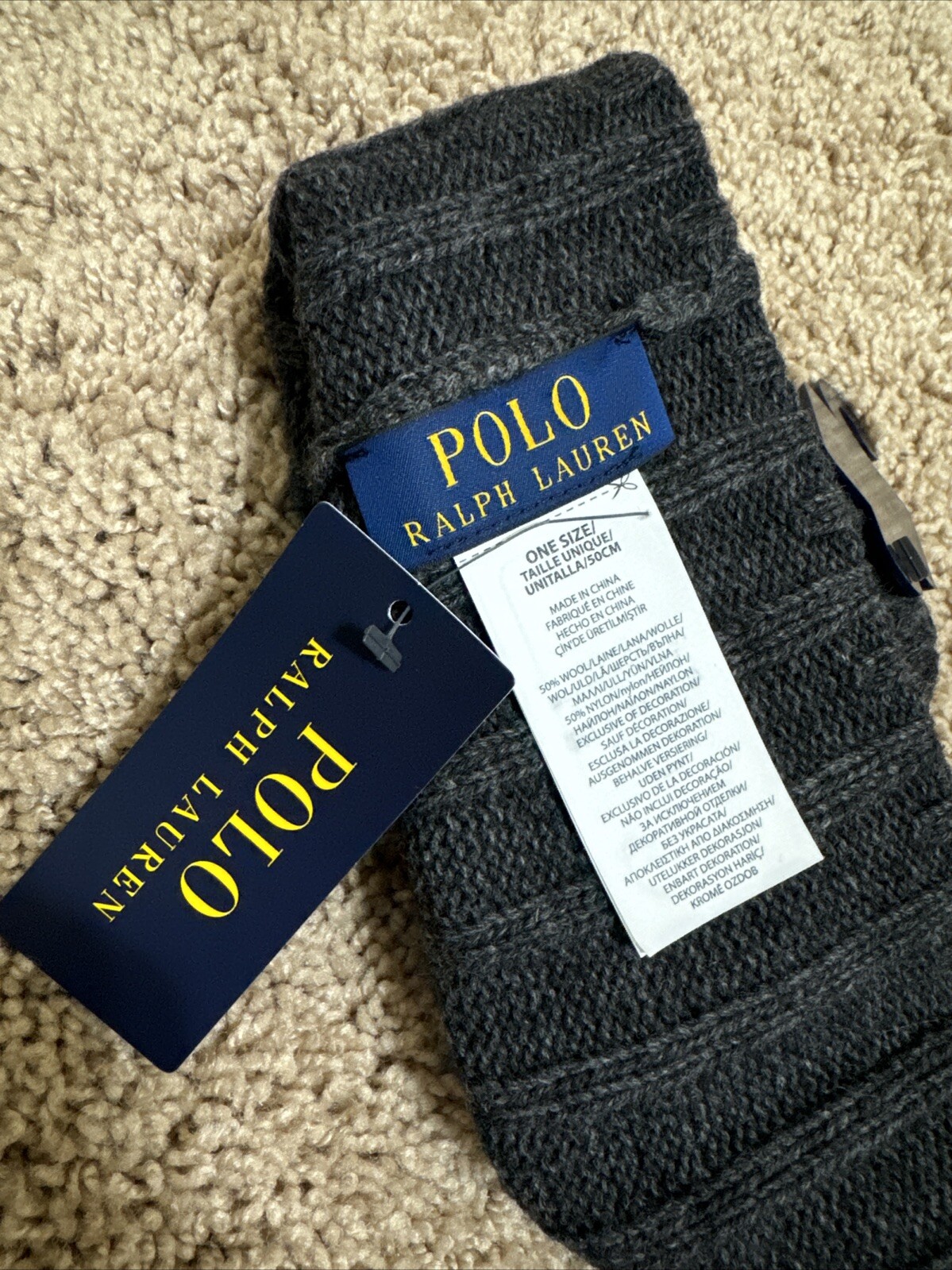 PONY Nuovo cappello berretto berretto POLO RALPH LAUREN logo lana lavorato a maglia polsino grigio antracite grigio antracite OS