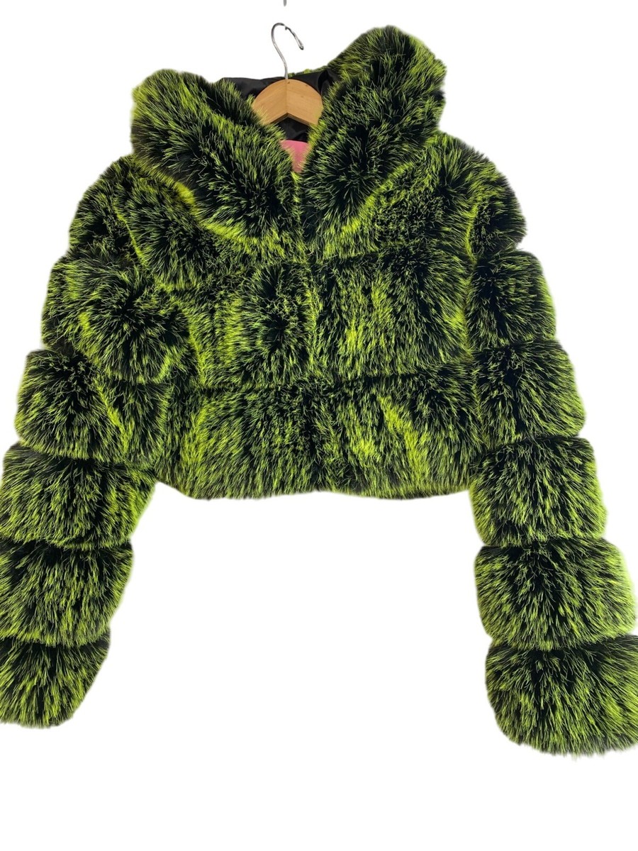 S Azalea Wang Bianchi Faux Fur Neon Olive Crop Jacket Hood