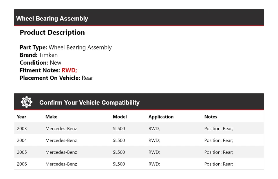 For 2003-2006 Mercedes-Benz SL500 RWD Wheel Bearing Assembly Rear Timken 2004 - Image 2 of 4