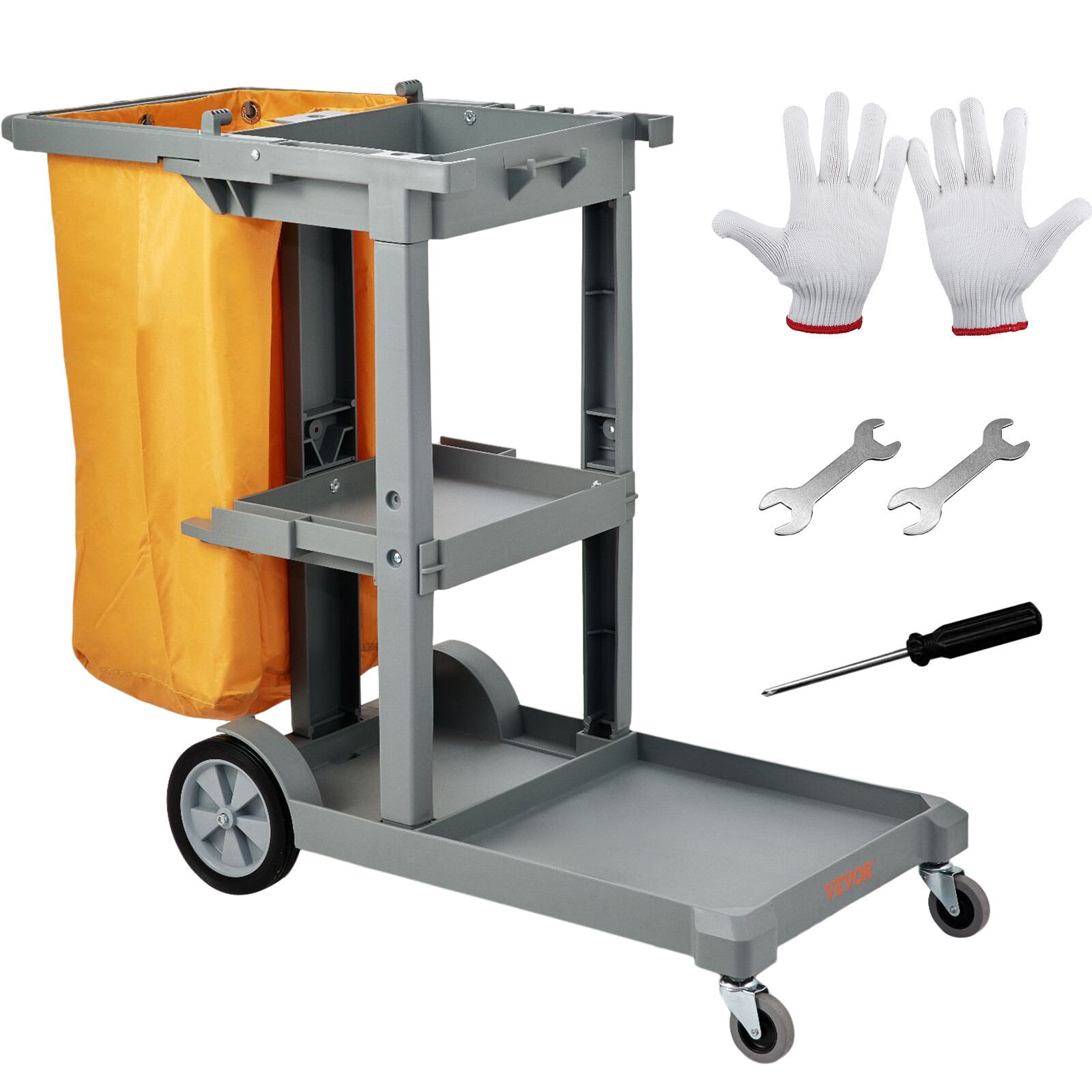 Chariot de ménage professionnel VEVOR en PP à 3 niveaux avec sac en PVC jaune