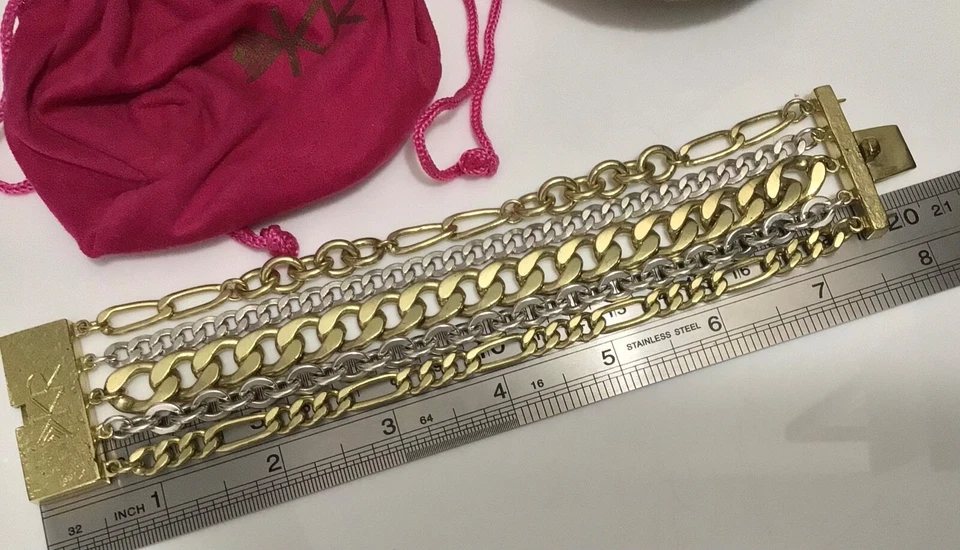 "Brazalete deslizante SILPADA K&R de latón y plata cadenas de eslabones anchos y gruesos 8"" usado en excelente estado" Foto 4 de 4