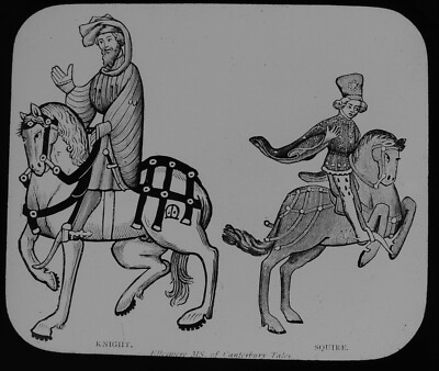 MITTELALTERLICHER RITTER UND KNAPPE AUS DEN CANTERBURY-GESCHICHTEN UM 1890 Magische Laternenfolie