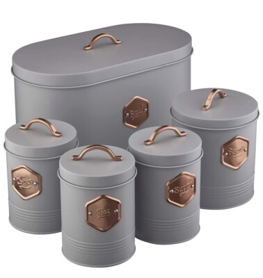 Tea Coffee Sugar Canisters Kitchen Organising Storage Piece Set  Grey/copper