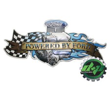 Vintage Replica Tin Metal Sign Powered by Ford motor gear head race flag flames