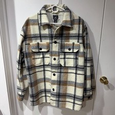 H M Fleece Plaid Pattern Jacket Men  s Size L Large Gray Tan White Relaxed Fit