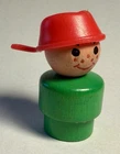 VTG FP Little People Wood Head/Body Green Boy Freckles Red Pan On Head Smiling
