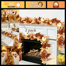 12Ft Fall Garland with Lights - 2 Pack Autumn Leaves Decor for Mantle, Porch  D