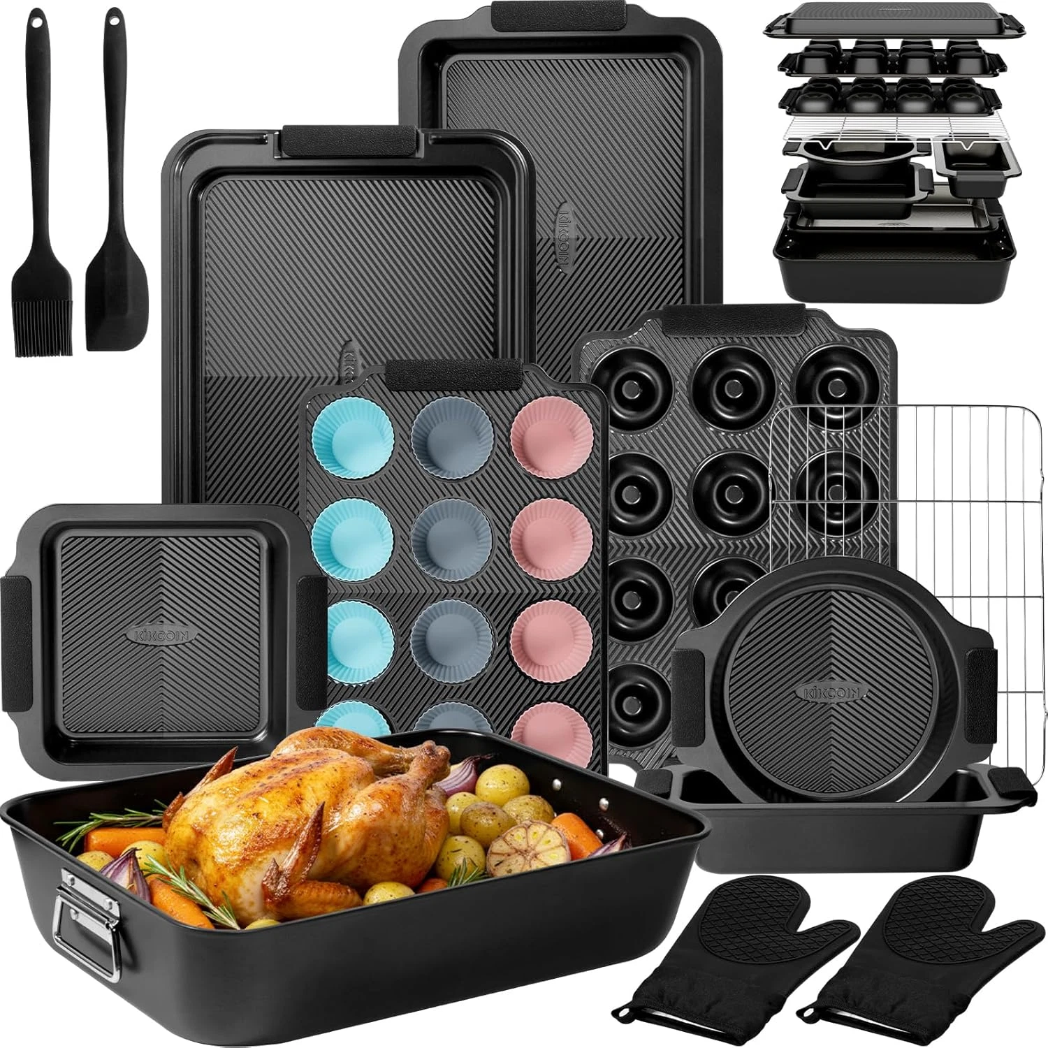 25 PCS Non-Stick Baking Pans Set with Silicone Handles, Oven Safe to 450°F