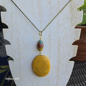 Ceramic Yellow Oval Pendant Charm Necklace on Cord with Multicolor Bead Drop