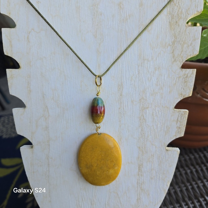 Ceramic Yellow Oval Pendant Charm Necklace on Cord with Multicolor Bead Drop