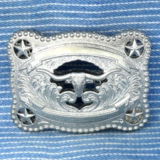Cowgirls Cowboys Western Steer Stars Scroll Trophy Dress Belt Buckle Vtg .CPA942