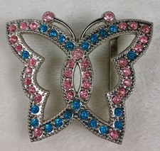 Butterfly Belt Buckle Pink Blue Rhinestone Silver Tone Y2K