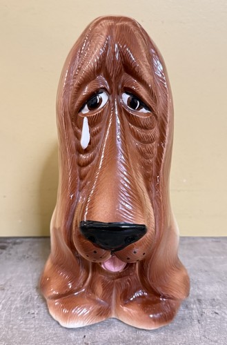 Vintage Crying Basset Hound Ceramic Coin Bank With Stopper 1970’s