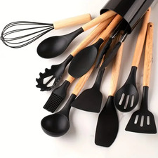 12Pcs Set of Multi-Color Silicone Wooden Handle Kitchenware Set Non Stick Pot Sp