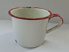 Vintage Enamel Drinking Cup Mug Red Rim White 3" Rustic Farmhouse