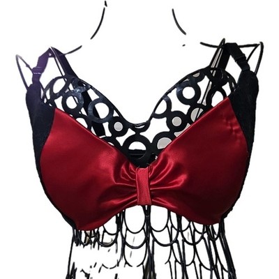 Adore Me Push Up Bra 34DDD Red Black Lace Bow Accent Adjustable Strap