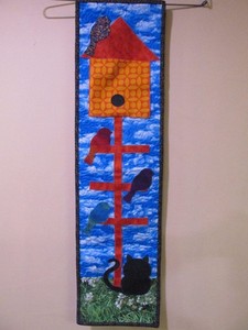 New Hand Made Birdhouse Cat Wall Hanging Quilt 9 1/4" x 35 1/4" Machine Quilted