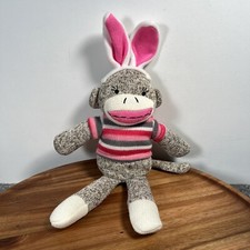 Knit Sock Monkey w/ Easter Bunny Ears Plush 12  Dan Dee Stuffed Pink Striped
