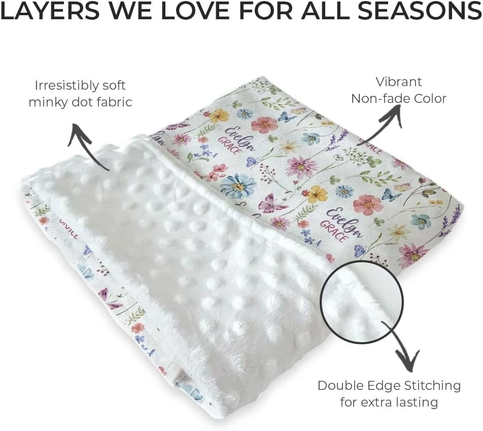 Mantas de bebé florales personalizadas con respaldo punteado de doble capa para niñas versión 2 Foto 2 de 3