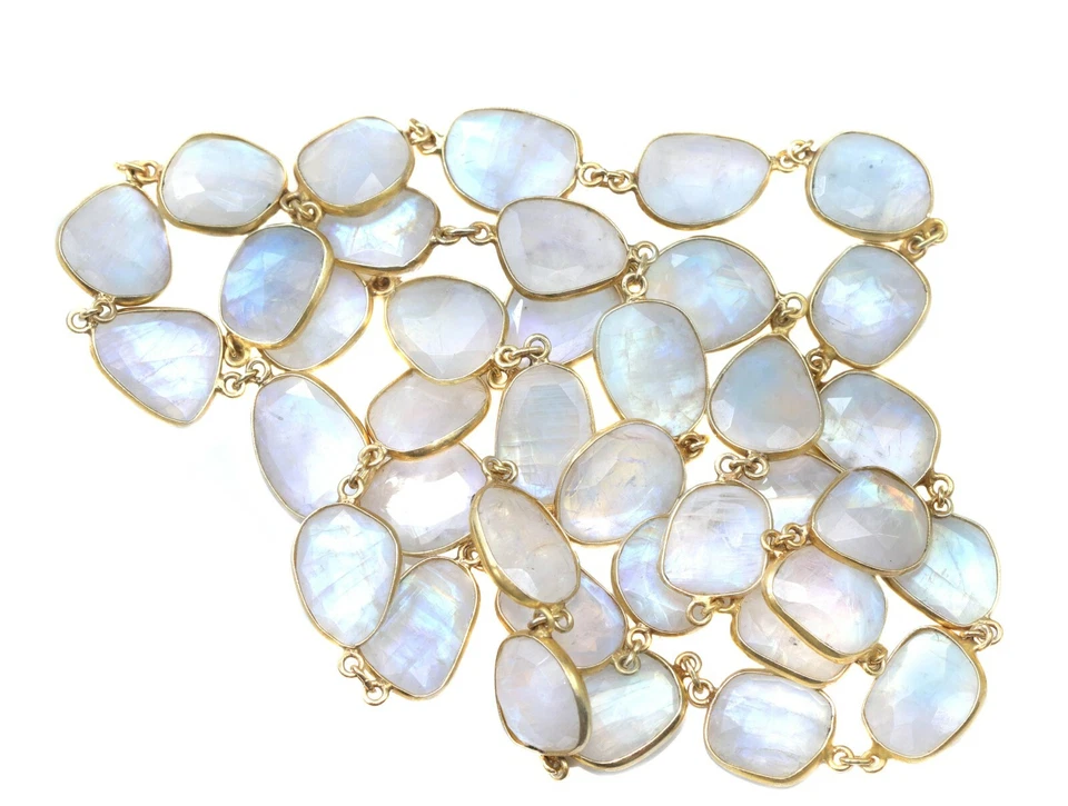 Collar Piedra Luna Grande Faceta 36 Pulgadas AAAA 14k Oro Relleno Bisel Azul Arco Iris Foto 2 de 2