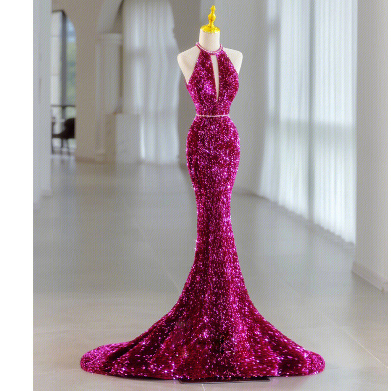 Elegant Women Luxury Fishtail Sequins Long Gown Lady Evening Dress