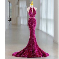 Elegant Women Luxury Fishtail Sequins Long Gown Lady Evening Dress Tail Dress