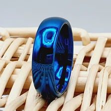 6MM High Polished Blue Tungsten Wedding Band, Shiny Minimalist Ring for Women