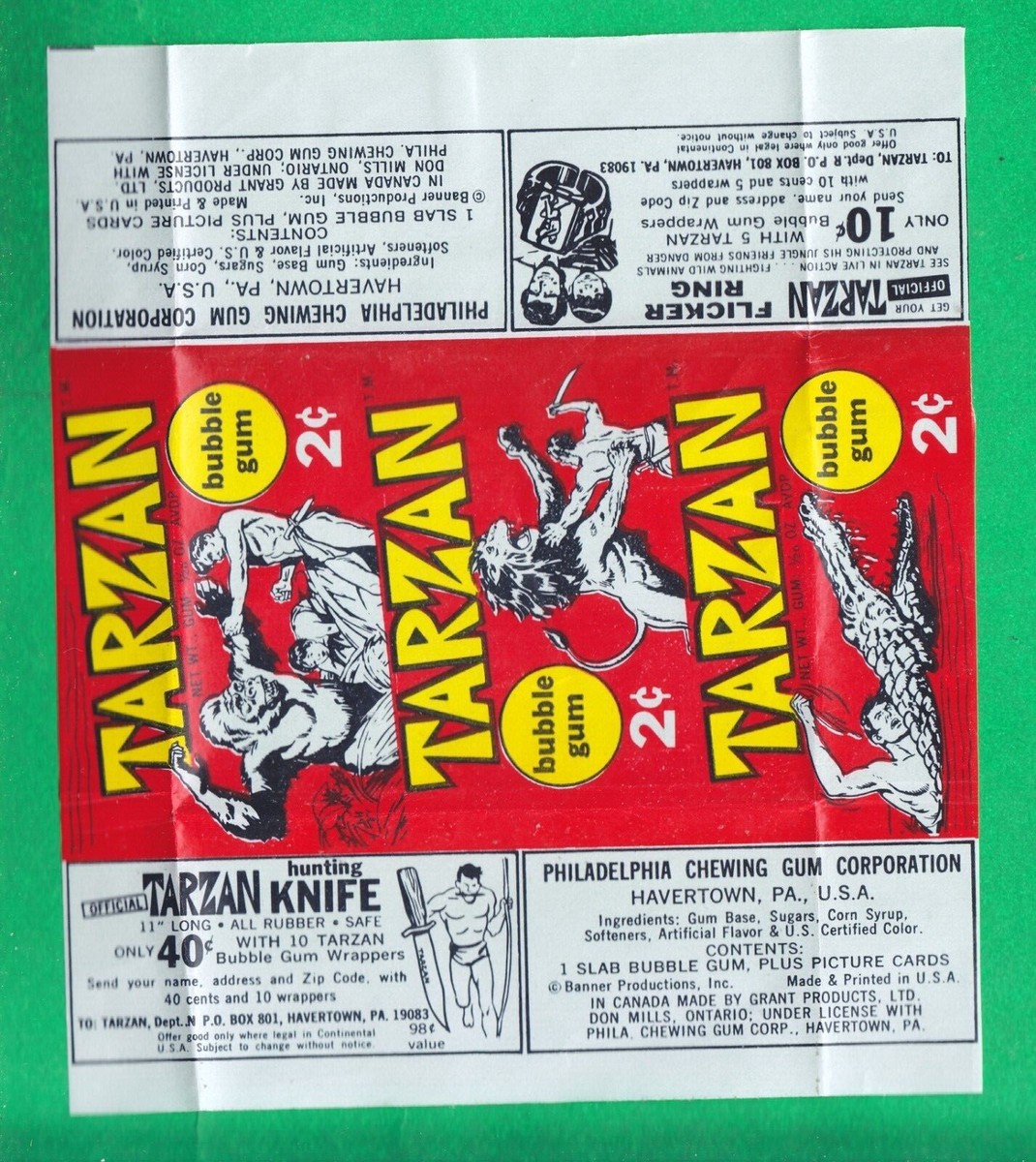 1966 PHILADELPHIA GUM TARZAN 2 Cent AMERICAN WAX WRAPPER NM/MT
