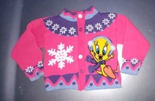 1998 Looney Tunes Tweety Bird Pink Cardigan Sweater-Little Girls' Size Med 5-6